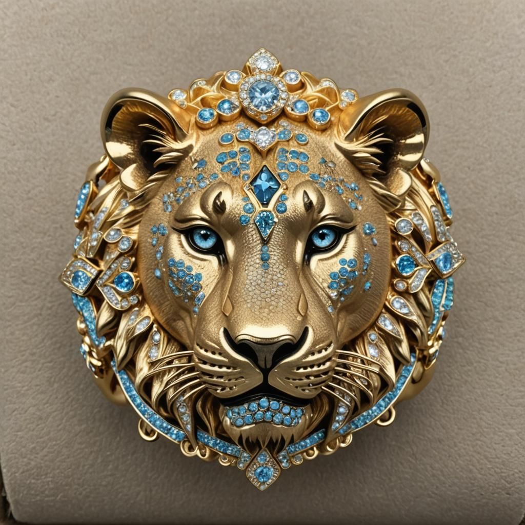 Lioness Head Gold Wristband with Diamond Details