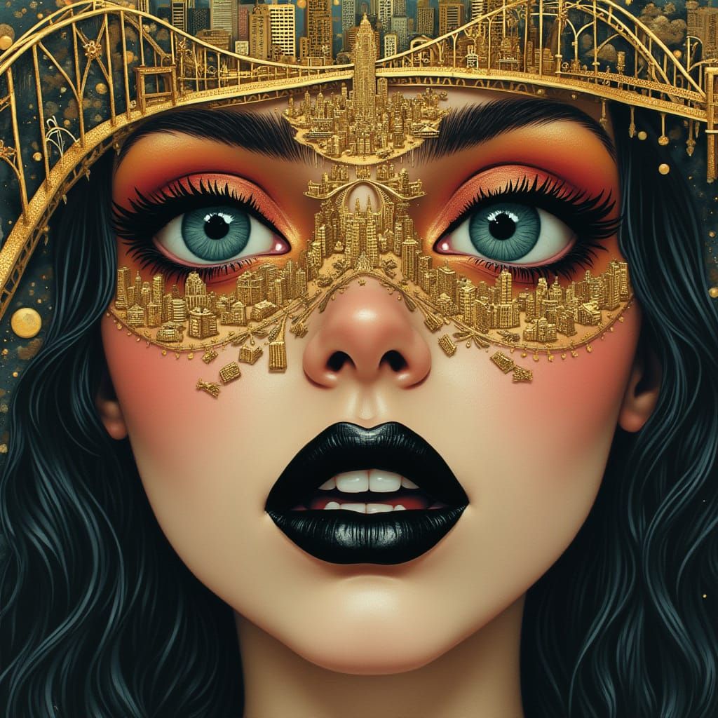 Woman with Golden Pittsburgh Cityscape on Bold Black Lips