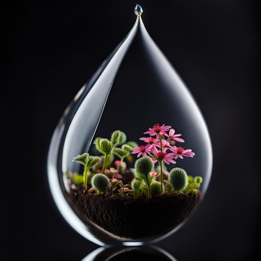 Miniature Garden in a Dew Drop, Macro Photography