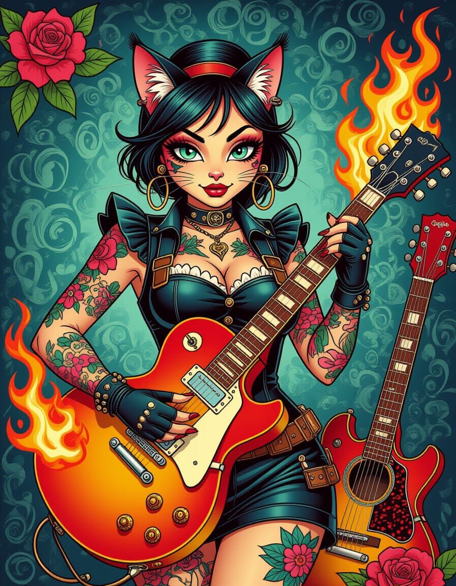 Rockabilly Maid Cat with Flaming Guitars