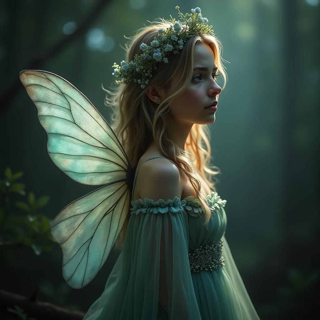 Mysterious Fairy Girl with Opalescent Wings Portrait
