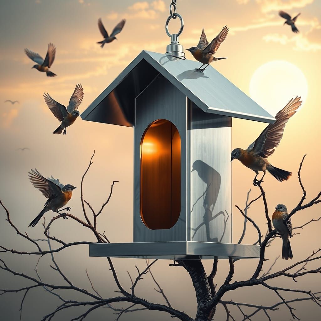 Futuristic Stainless Steel Birdhouse in Photorealistic Style