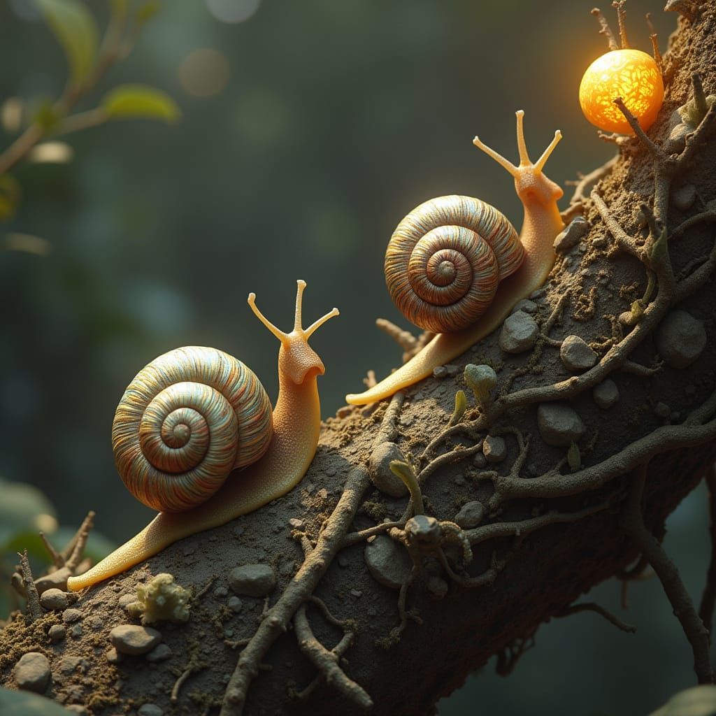 Snails Racing to Golden Fruit in Vibrant, Surrealist Landsca...