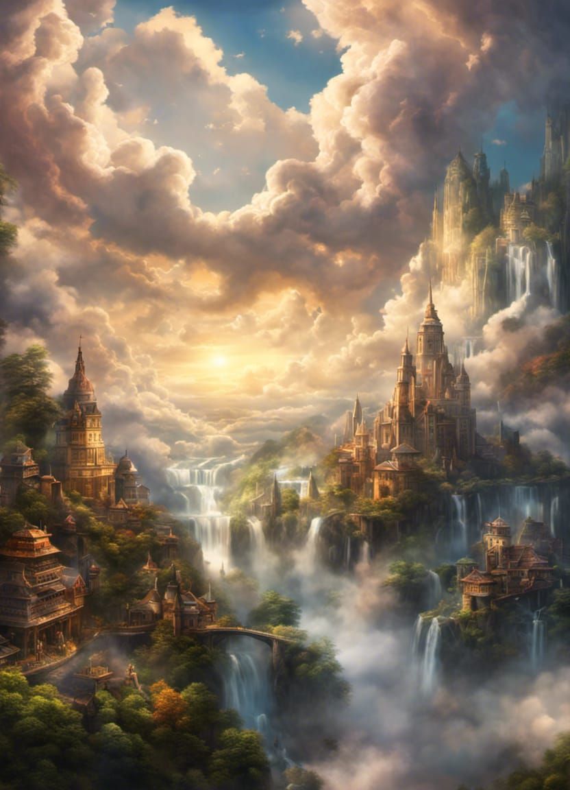 Waterfall city in the clouds
