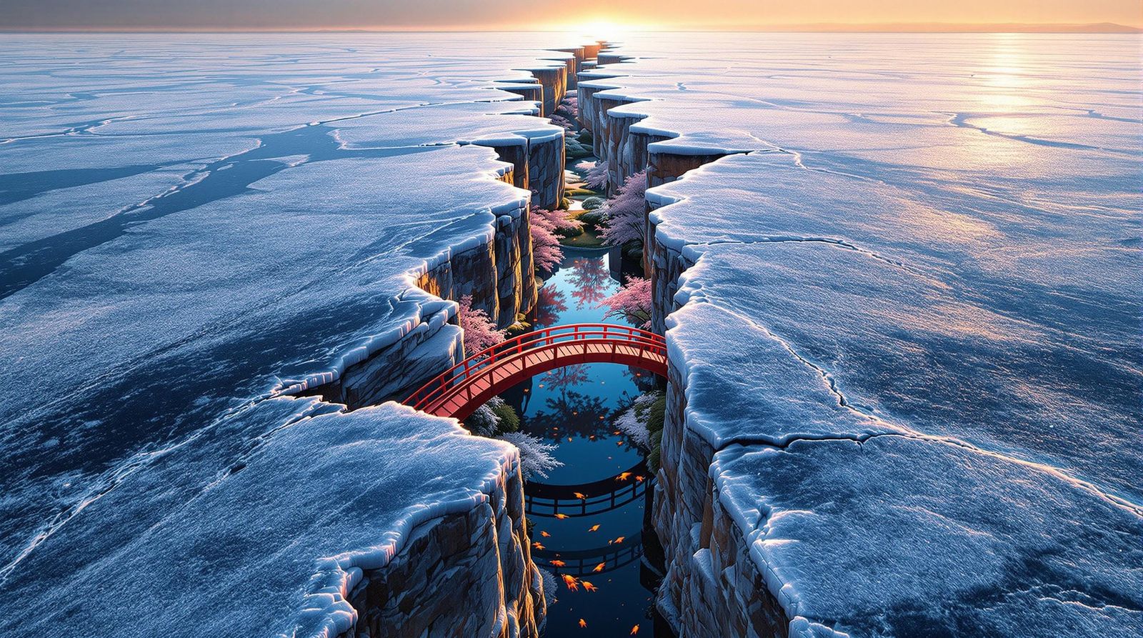 Frozen Lake Mirrors Japanese Garden at Night