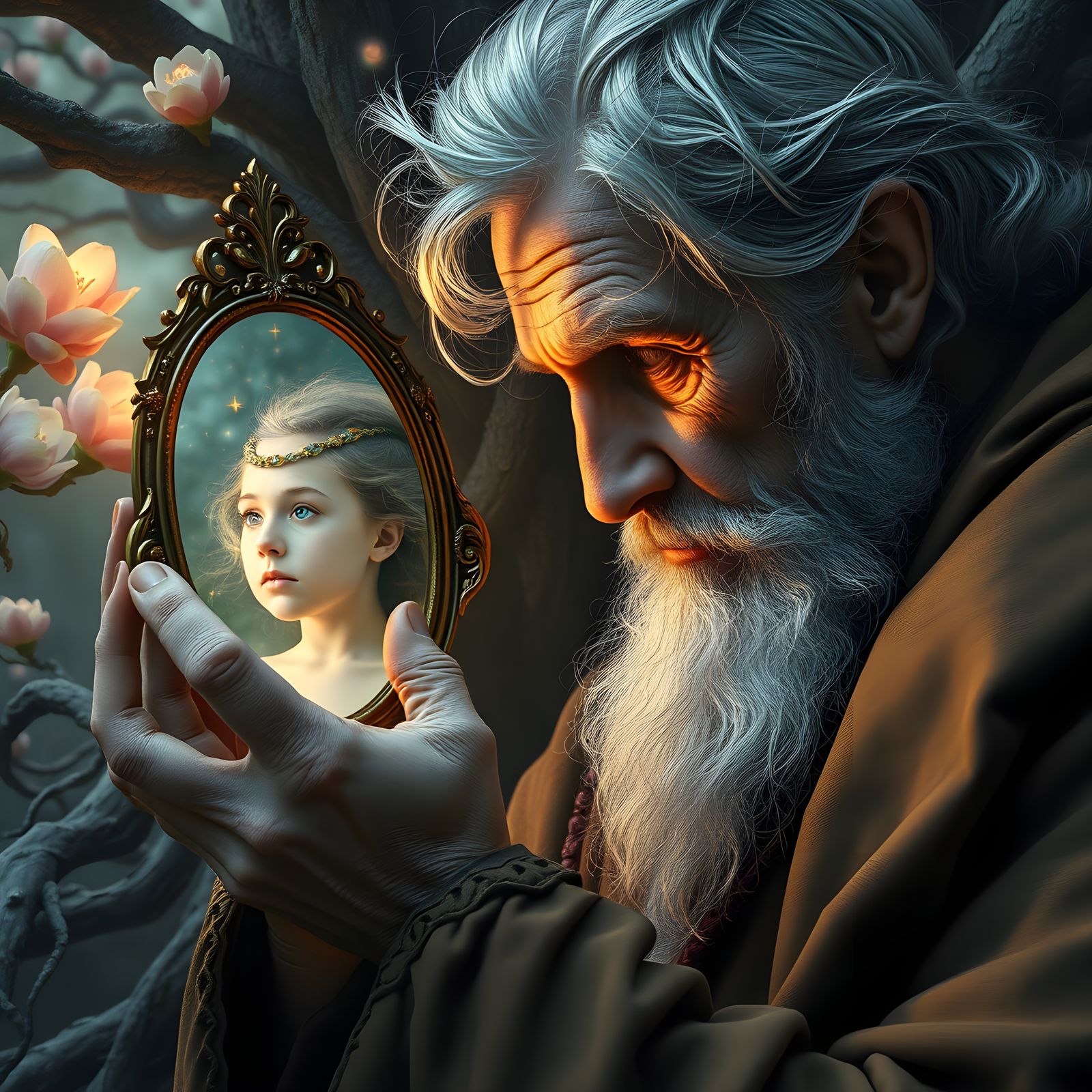 Elderly Man Reflecting on Youth: Fantasy Art