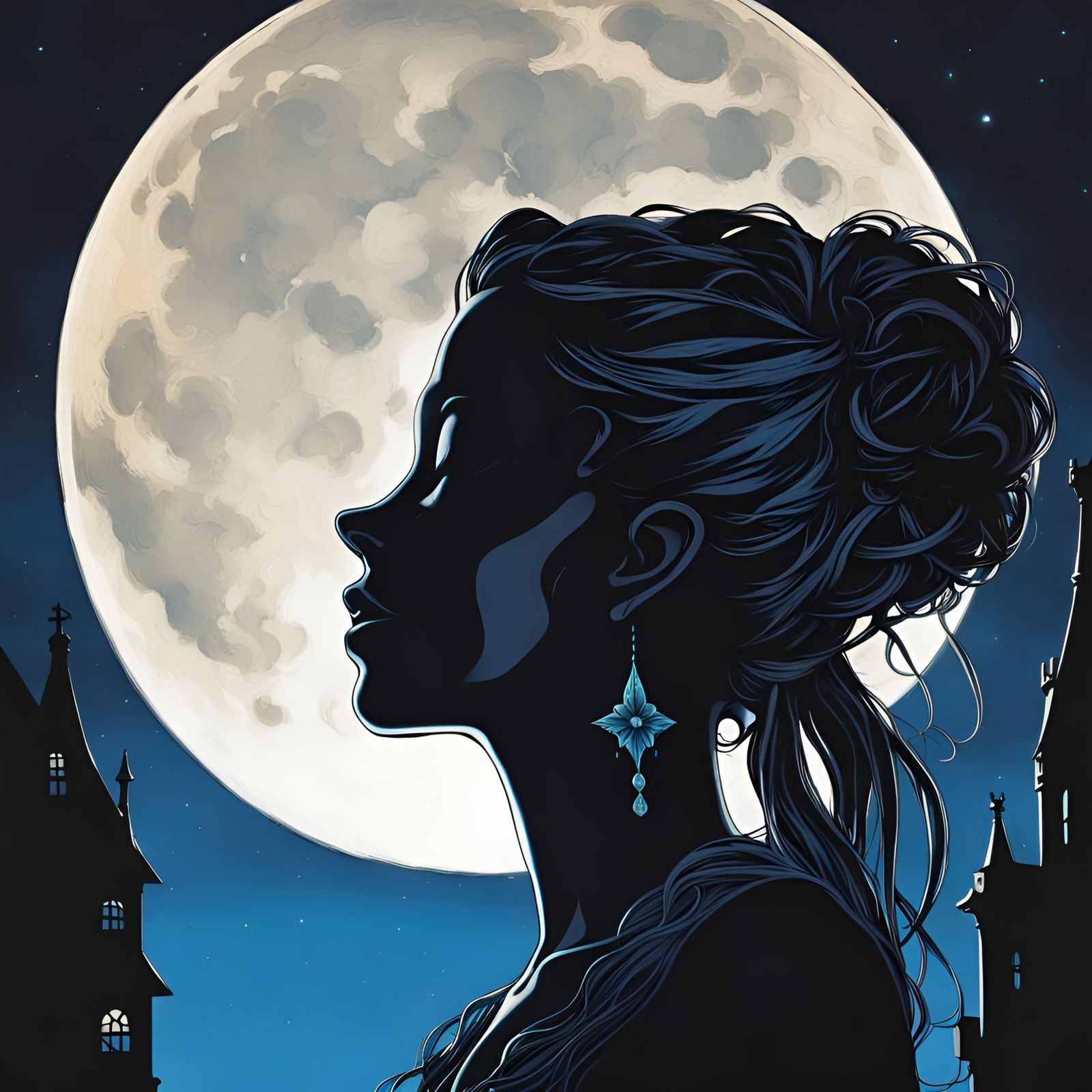 Magical Gothic Woman Silhouette in Moonlight