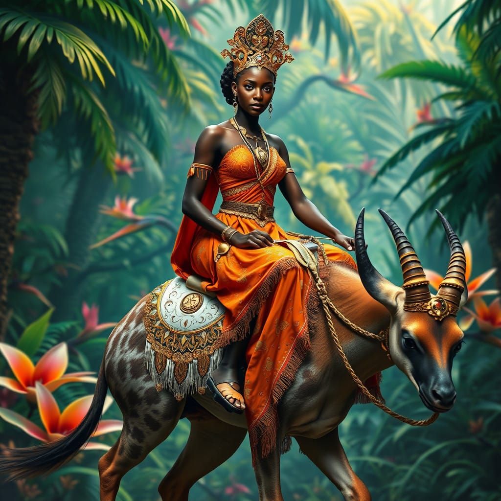 Regal Jungle Princess Rides Majestic Okapi in Vibrant, Dream...