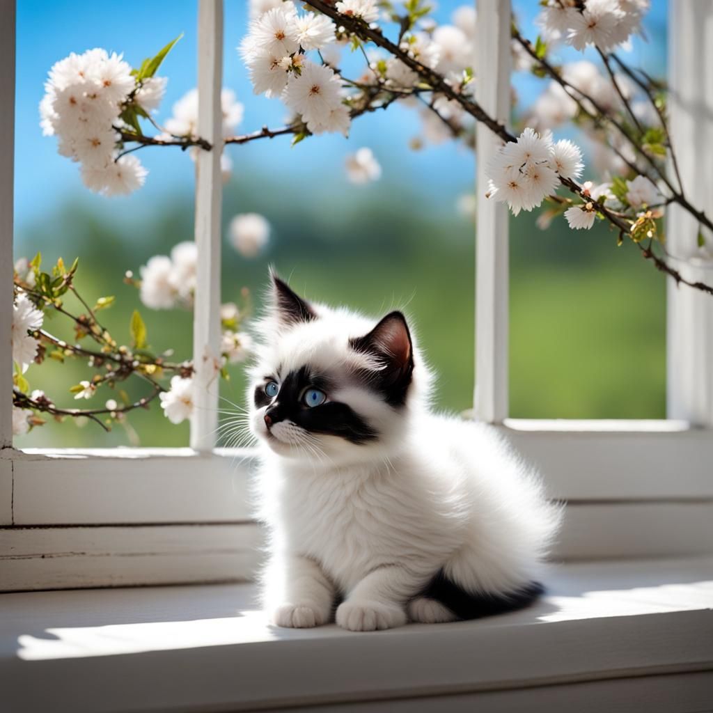 Fluffy Kitten Gazing at Flowering Trees