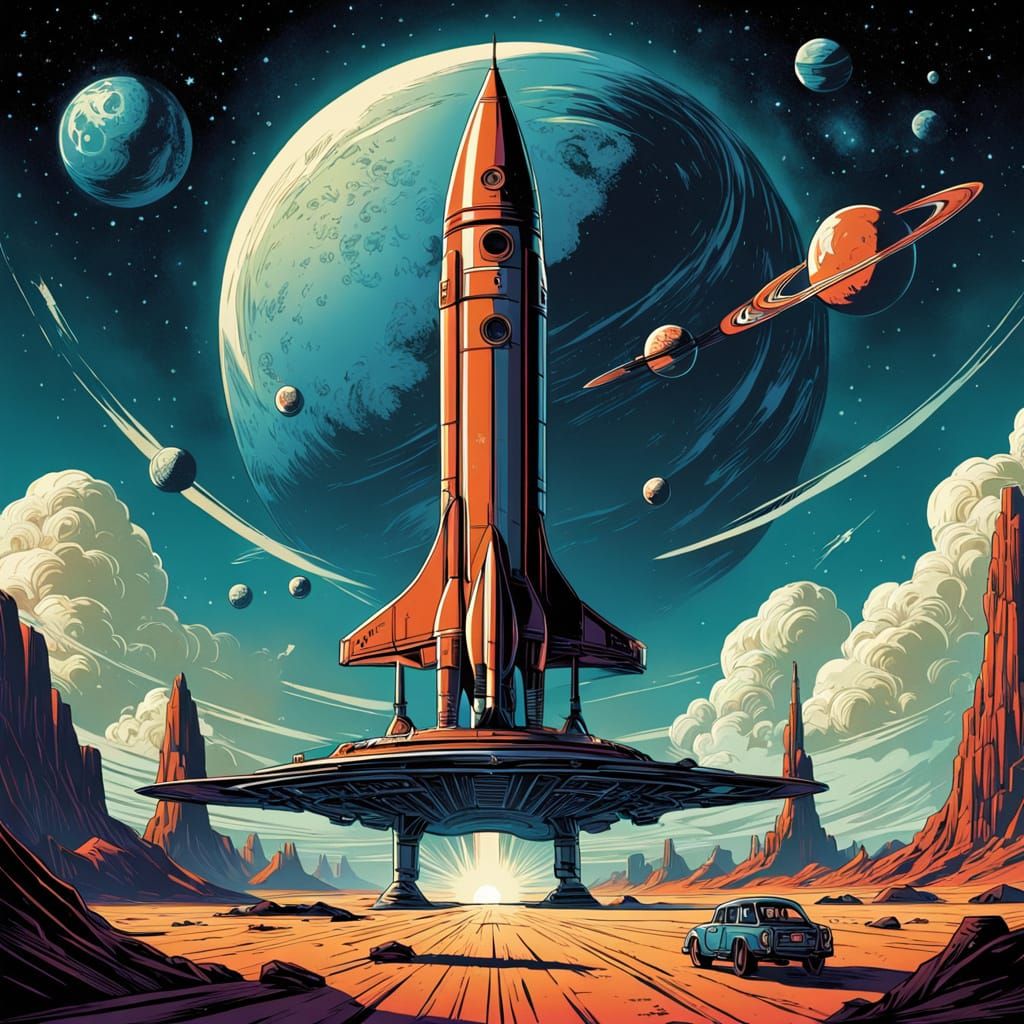 Retro-Futuristic Space Travel Poster in Cartoon Style