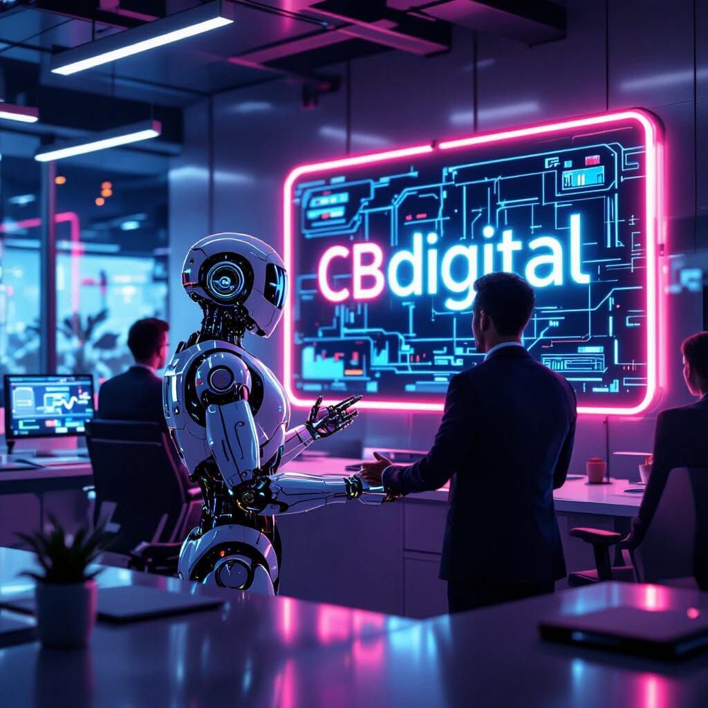 Futuristic Robot Interacting with Humans in Neon Office