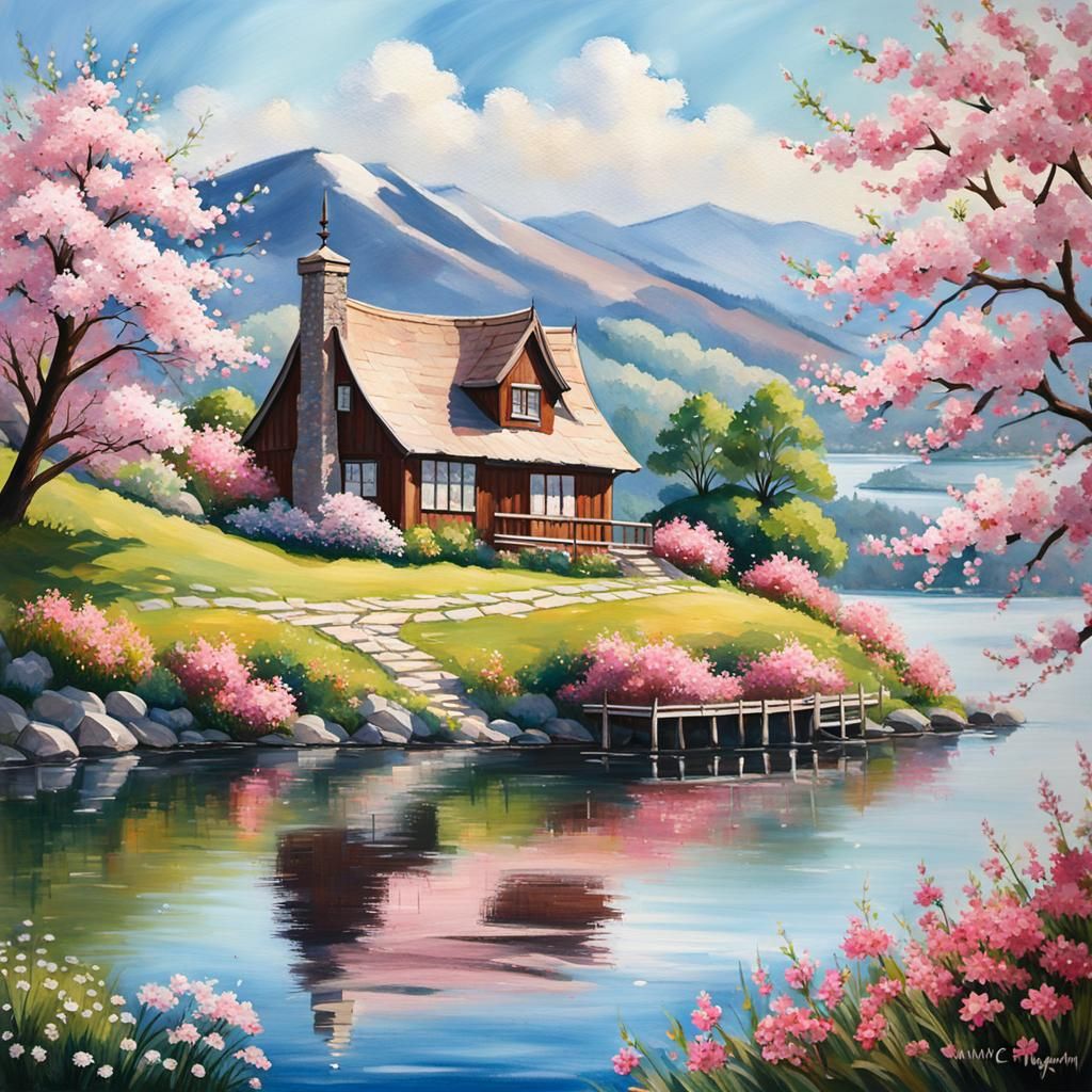 Cherry Blossom Tree by Lake: Impressionist Gouache Painting