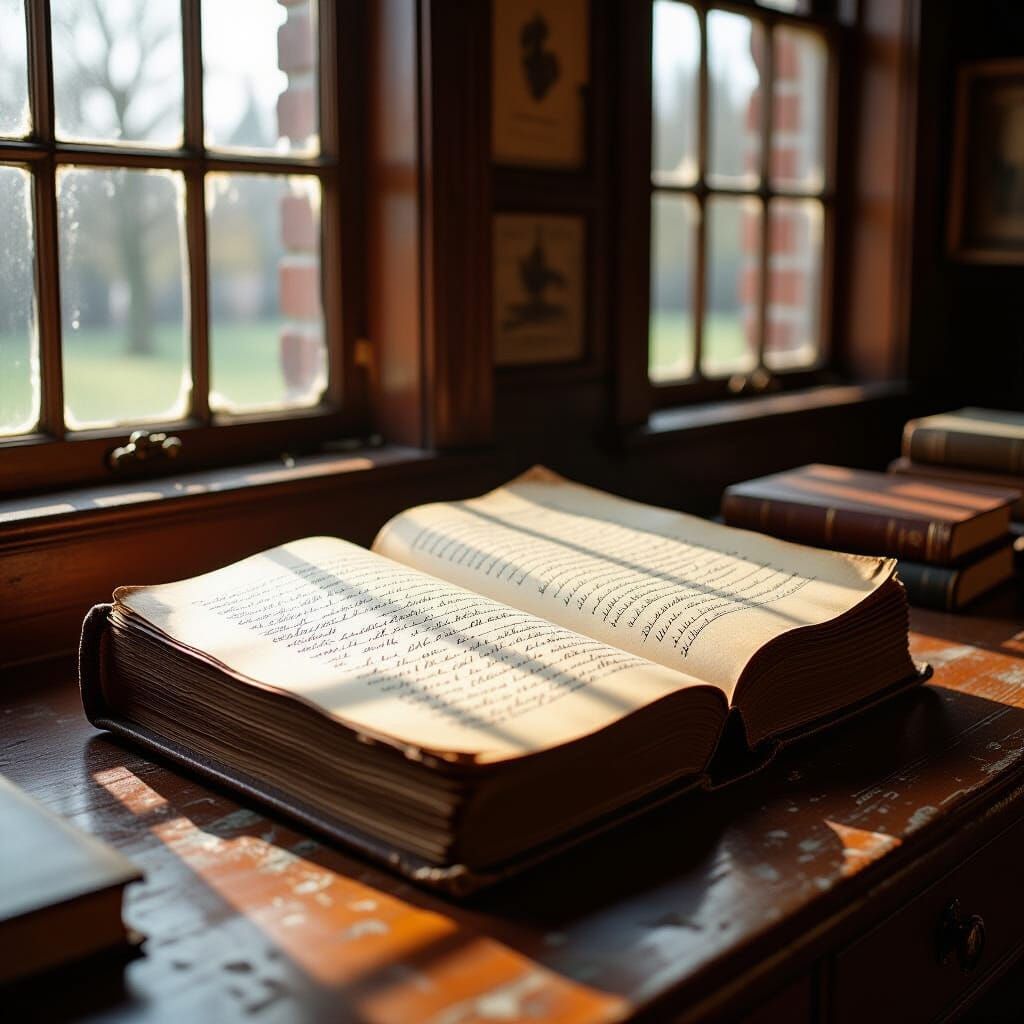 Antique Ledger on Dusty Desk in Dutch Golden Age Style