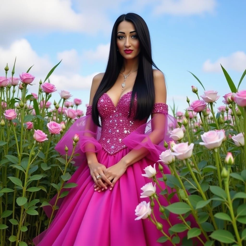 Woman in Fuchsia Gown in Lush Rose Meadow