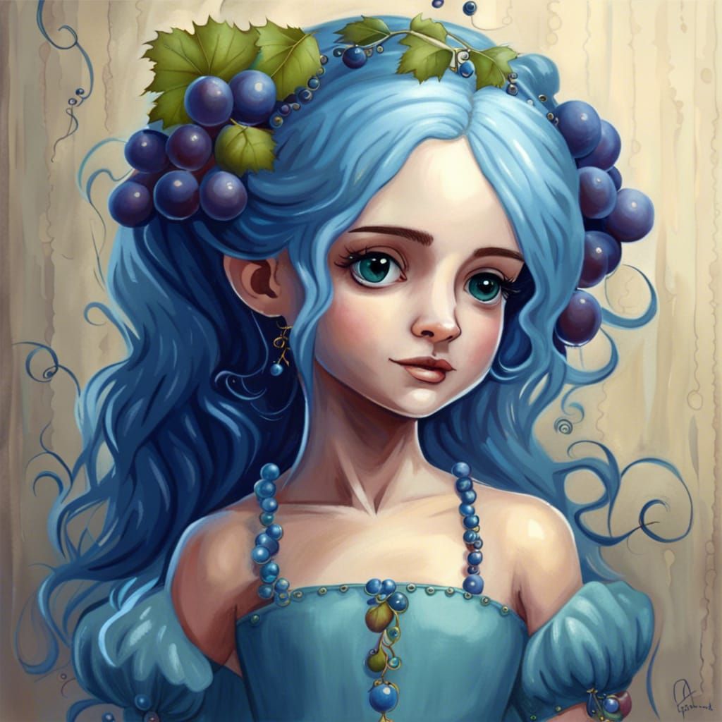 Little Princess with Blue Hair and Grapes