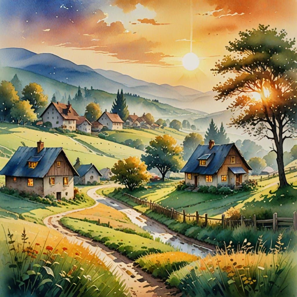 Watercolor Village at Sunrise in Luminous Colors