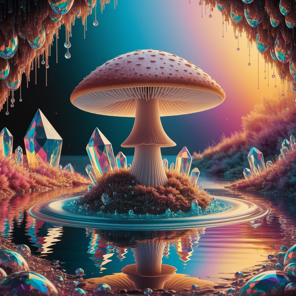 Vibrant Oil Painting of Majestic Mushroom in Shimmering Oasi...