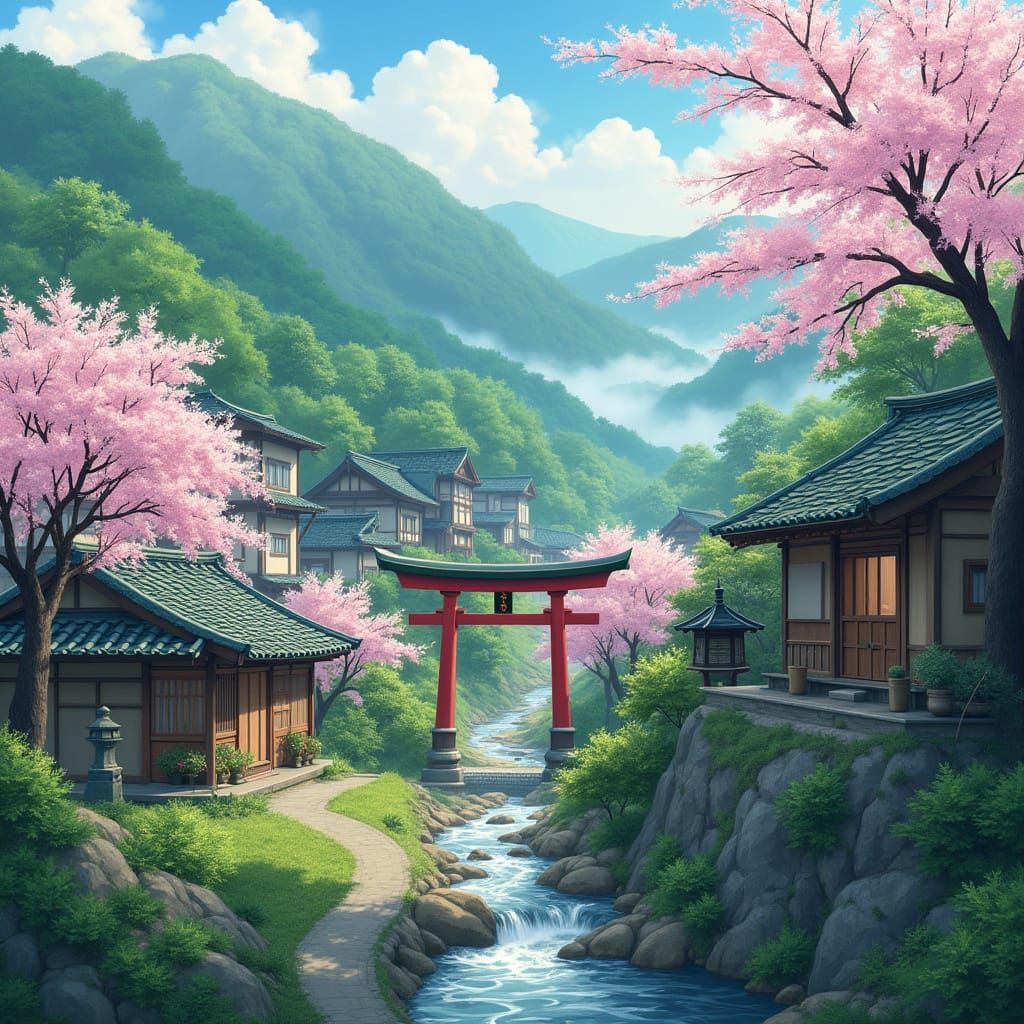 Traditional Japanese Village in Serene Mountain Landscape