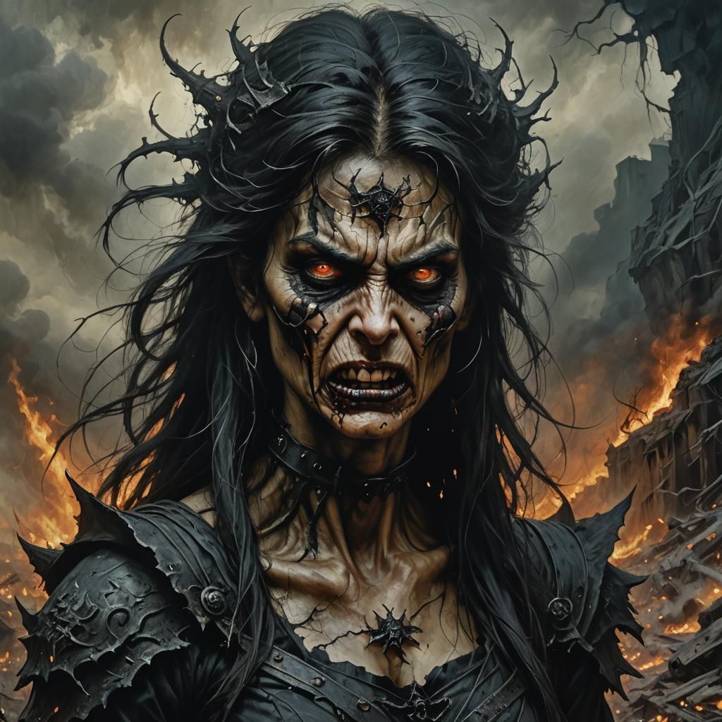 Wicked Woman on Dark Battlefield in Oil Painting Style