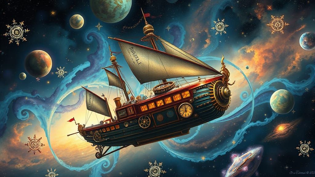 Steampunk Ship of Imagination Soaring Through Clockwork Nebu...