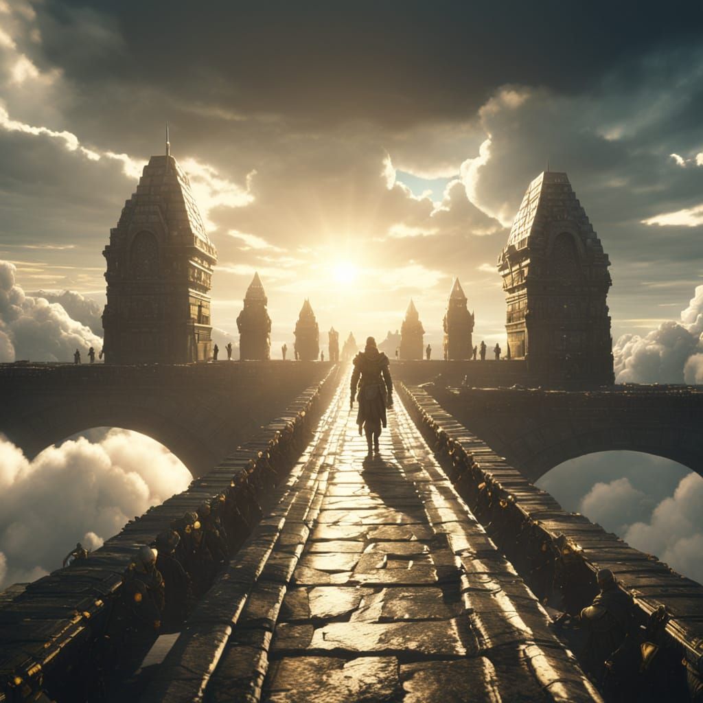 Futuristic Soldiers March on Floating Stone Bridge