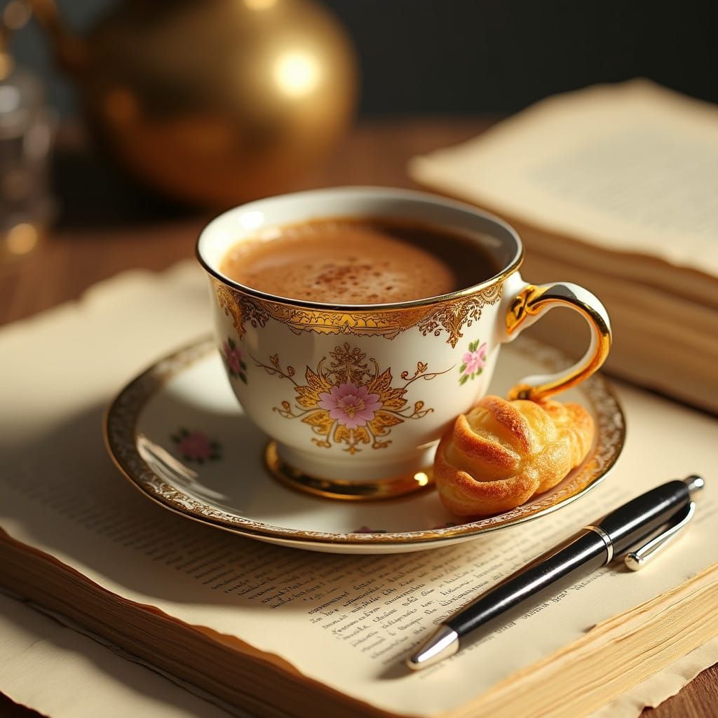 Exquisite Coffee Cup and Pastry on Antique Saucer in Luxury....