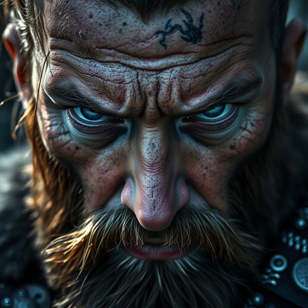 Viking Warrior's Intense Gaze in Hyperrealistic HDR