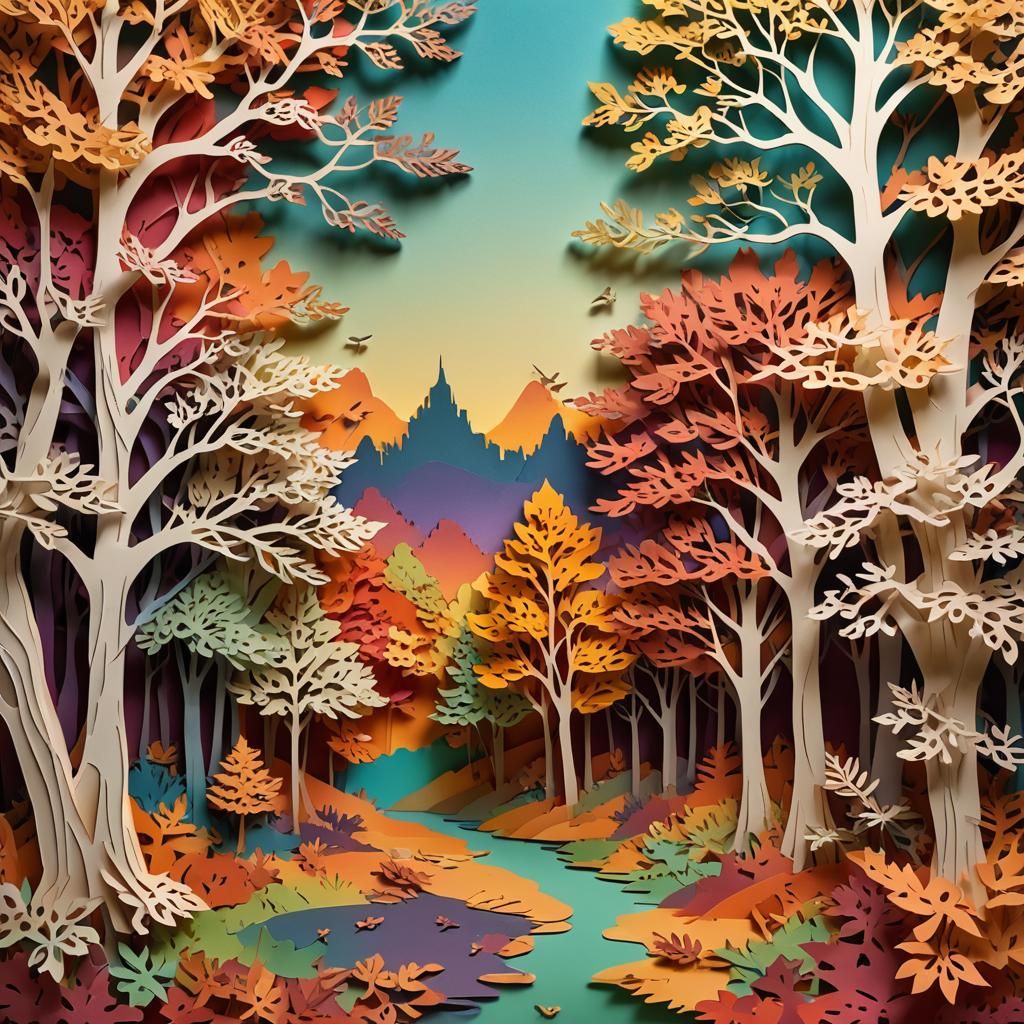Kirigami Autumn Landscape in Hokusai Style