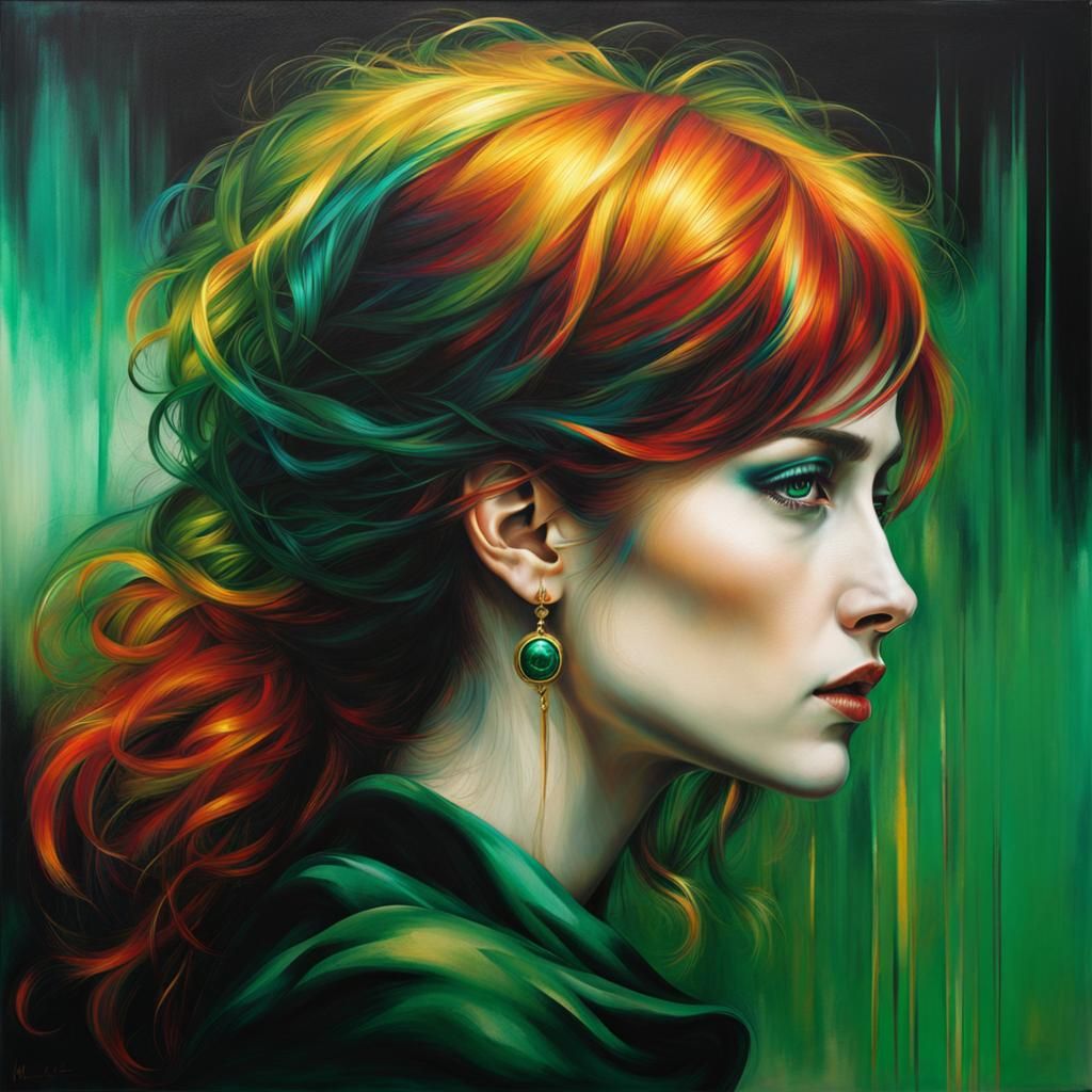 Emerald Haired Woman Portrait in Pre-Raphaelite Style