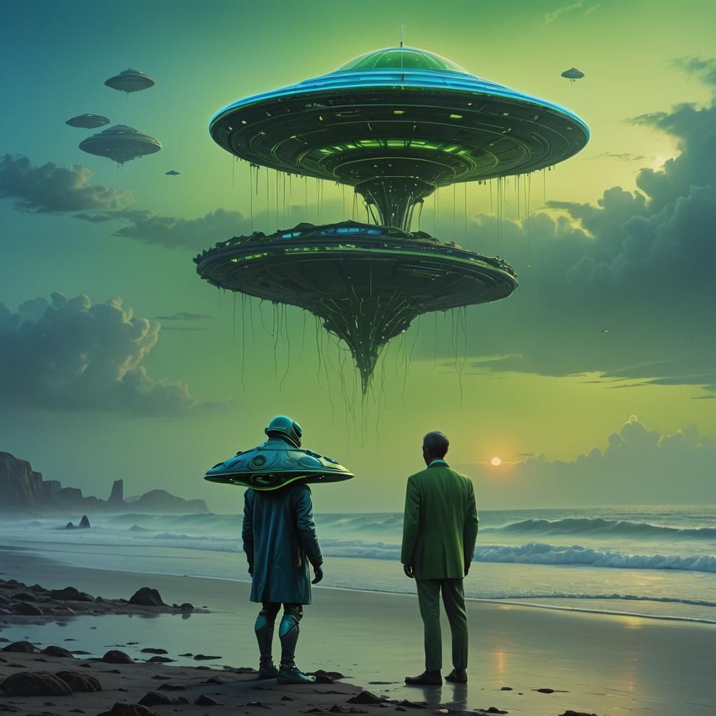 Alien Frog Man Beside UFO: Beksiński-Inspired Digital Art