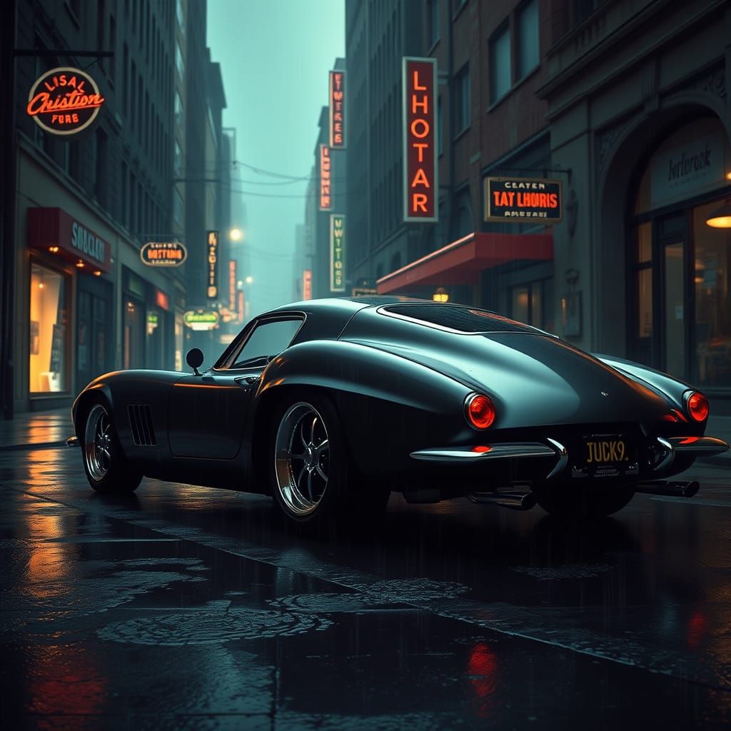 Matte Black Car in Rainy Gotham Alley with Art Deco Patterns...