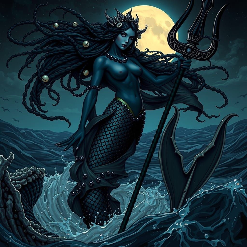 Black Mermaid with Trident in Gothic Art Nouveau Style