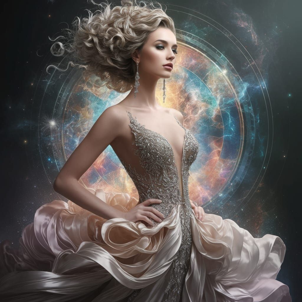 Haute Couture Goddess Swirling in the Cosmos