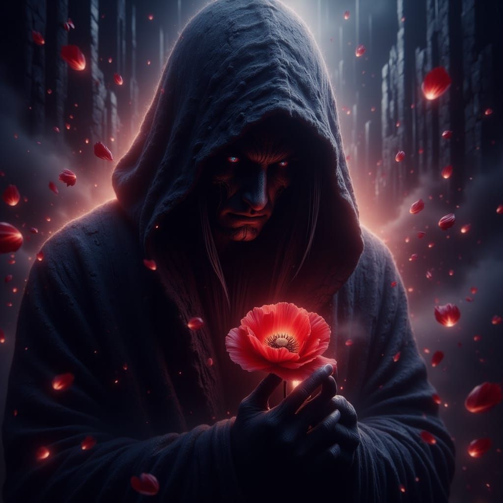 Dark Fantasy Hooded Figure Cradles Red Poppy