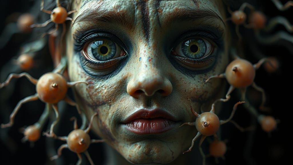 Surreal Abstract Face with Multiple Eyes and Mouths