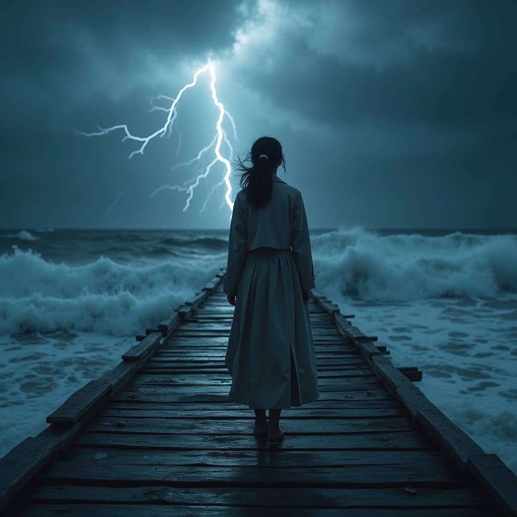 Woman on Pier in Storm, Cinematic Realism