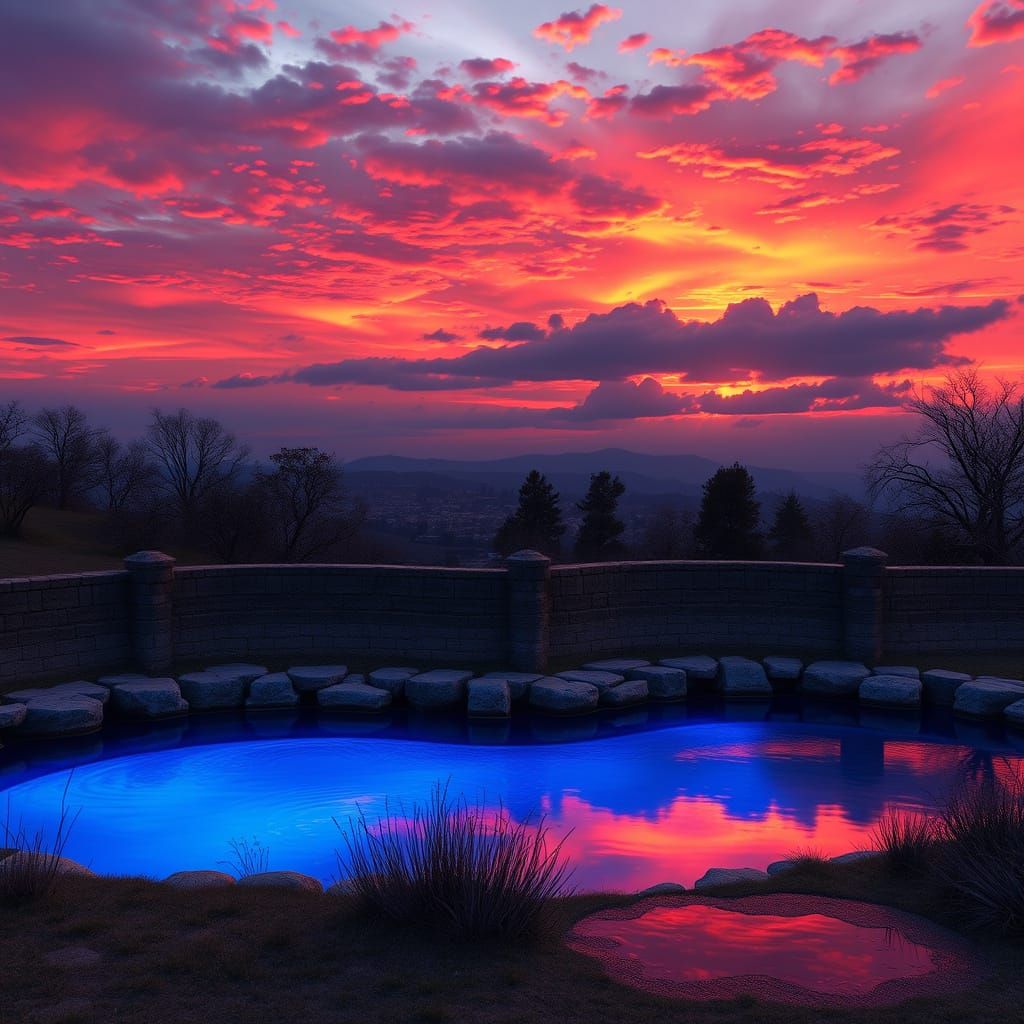 Surreal Sunset Scene in Deep Crimson and Sapphire Blue