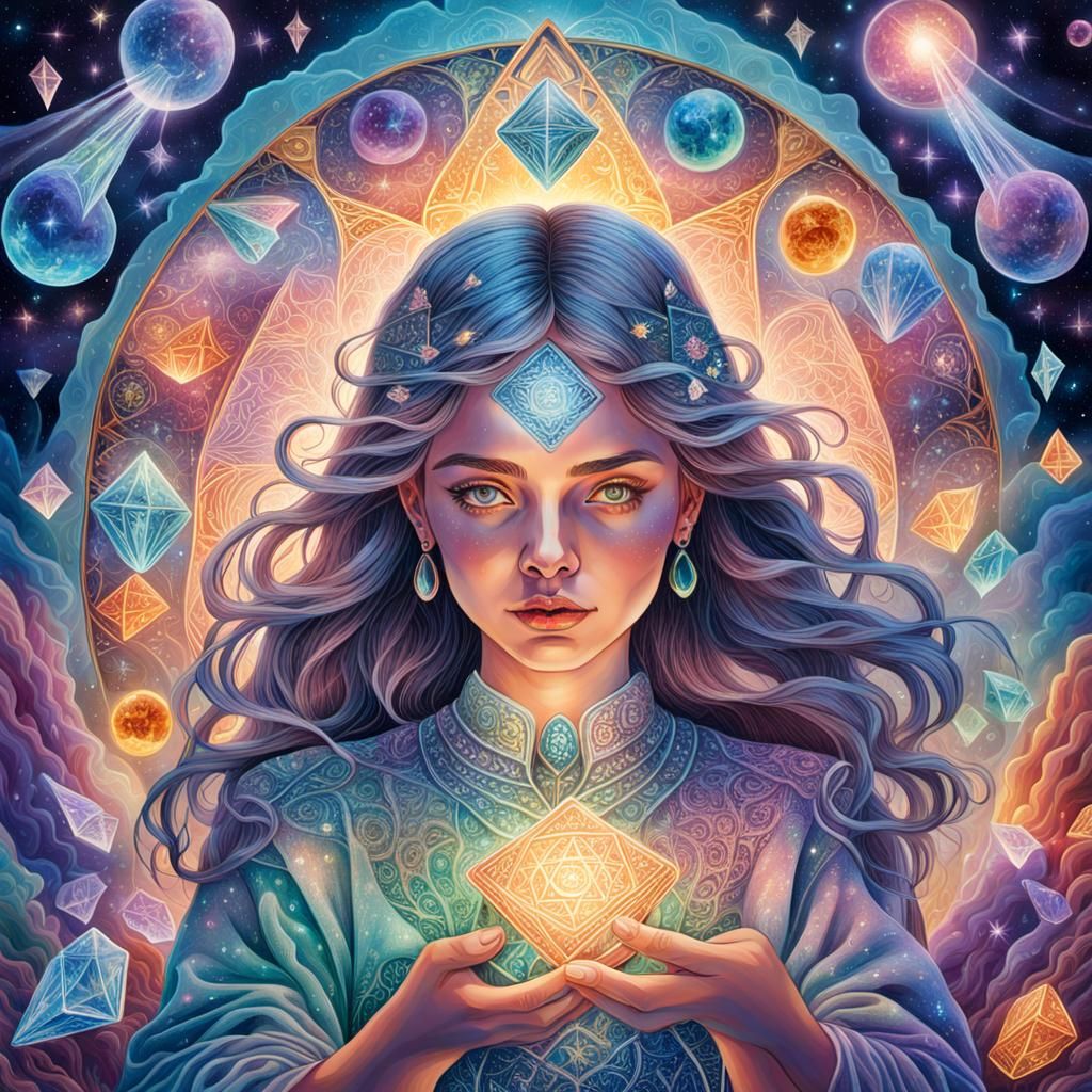 Cosmic Tarot Reader in Dreamlike Crystal Landscape