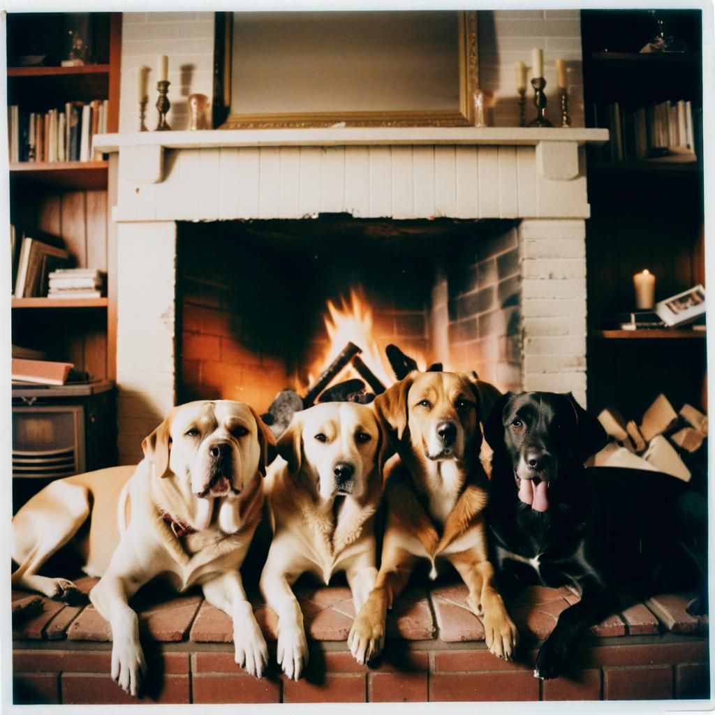 Dogs Cuddling by Fireplace in Polaroid Style