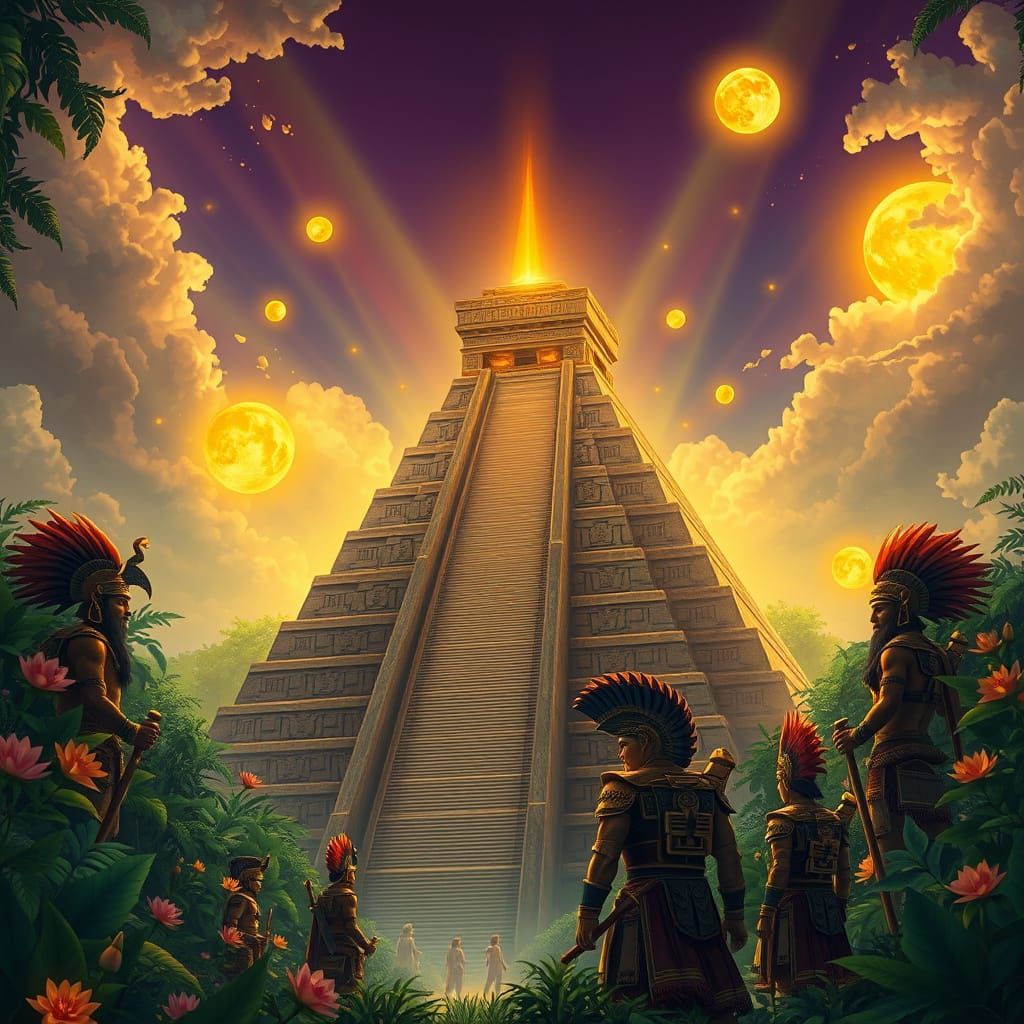 Ancient Aztec Pyramid Unfolds in Vibrant Jungle Tapestry