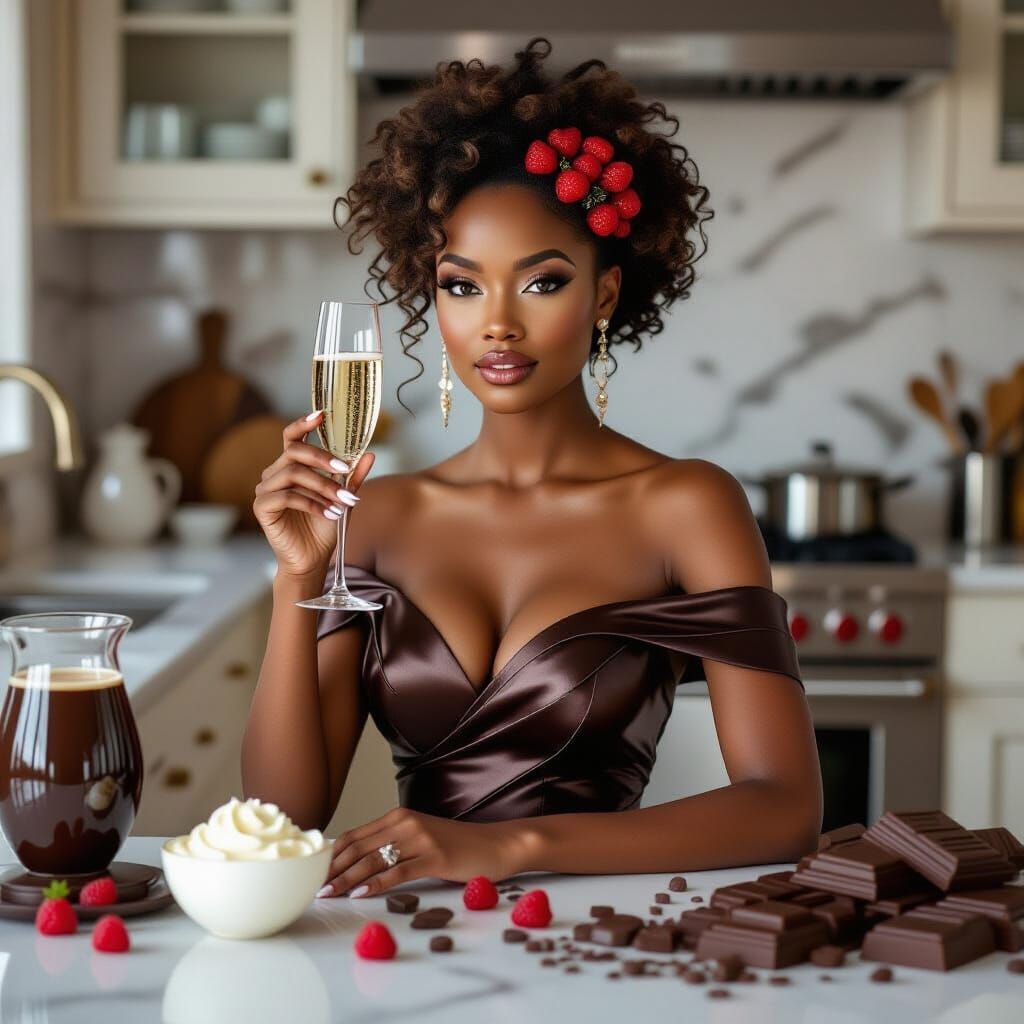 Chocolate Woman in Kitchen, Hyper-Stylized Digital Art