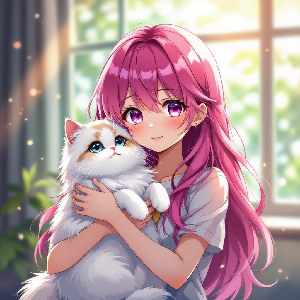 Anime Girl Holds Fluffy Persian Cat in Sunlit Room