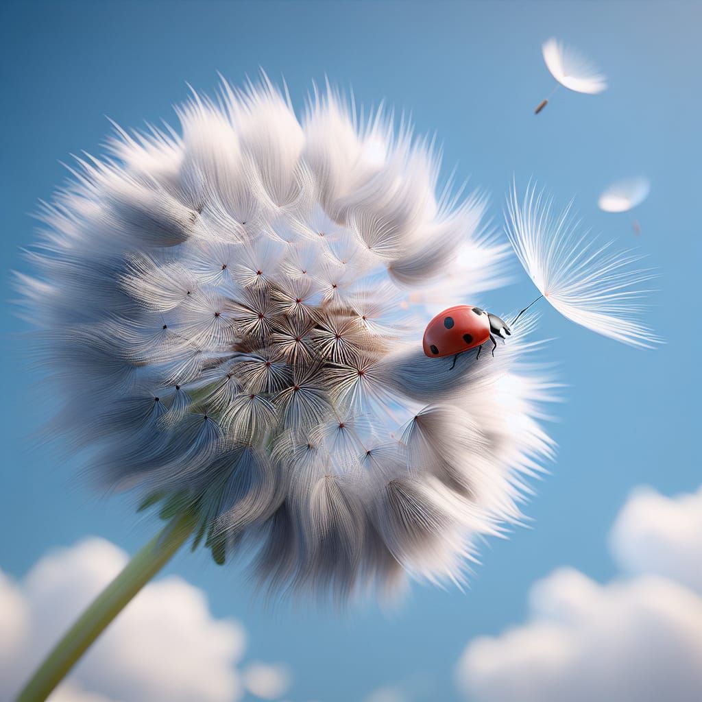 Ladybug Drifting on Dandelion Seed in Blue Sky