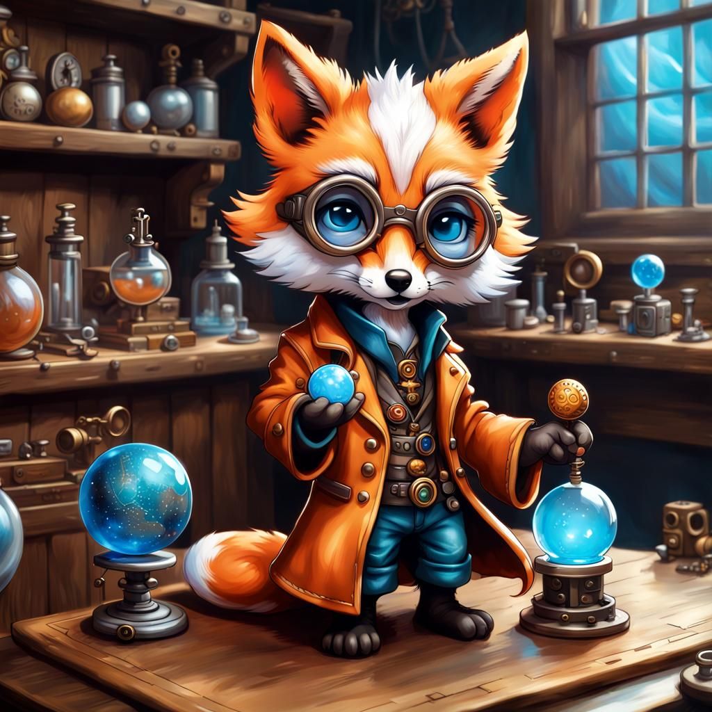 Steampunk Fox Cub Wizard in Aetherpunk Lab