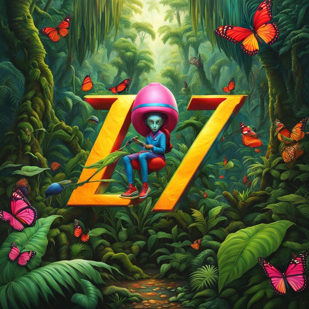 Alien Lady Rides a Z in Jungle: Hyperrealistic Art