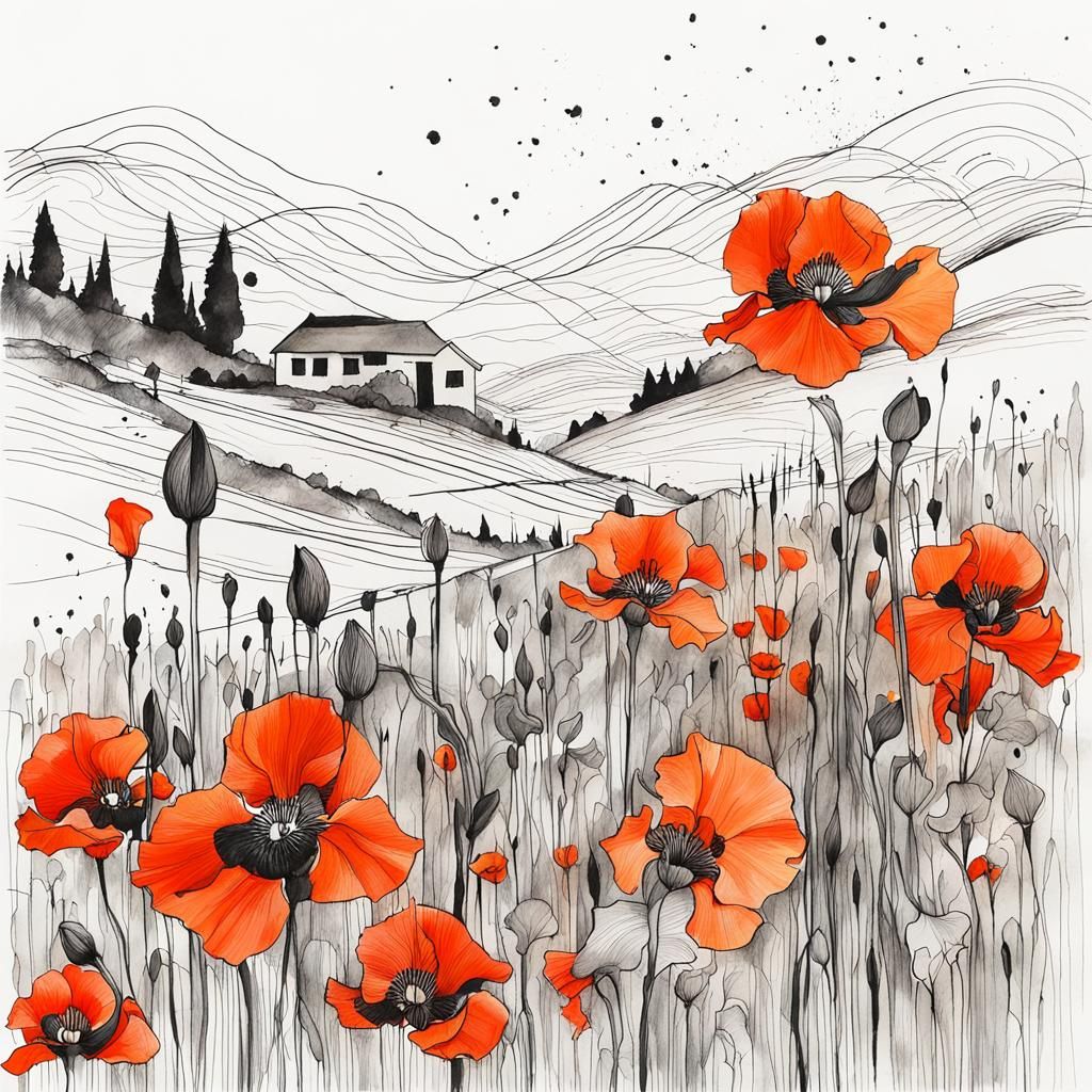 Line Drawing of Iris and Poppies in Abstract Art