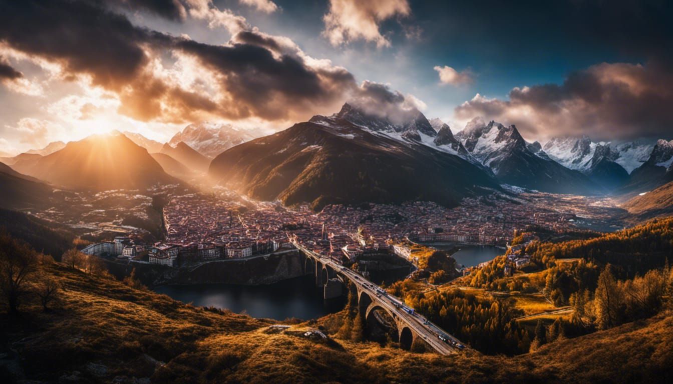 City on a Bridge in Mountain Landscape