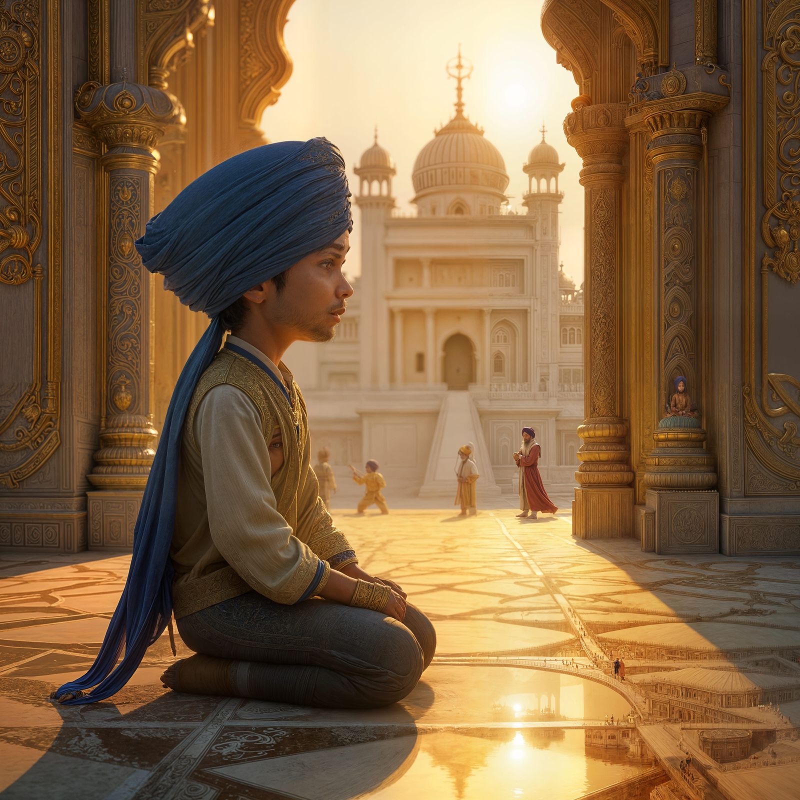 Sikh Boy Prays at Golden Temple in Vibrant, Fantastical Deta...