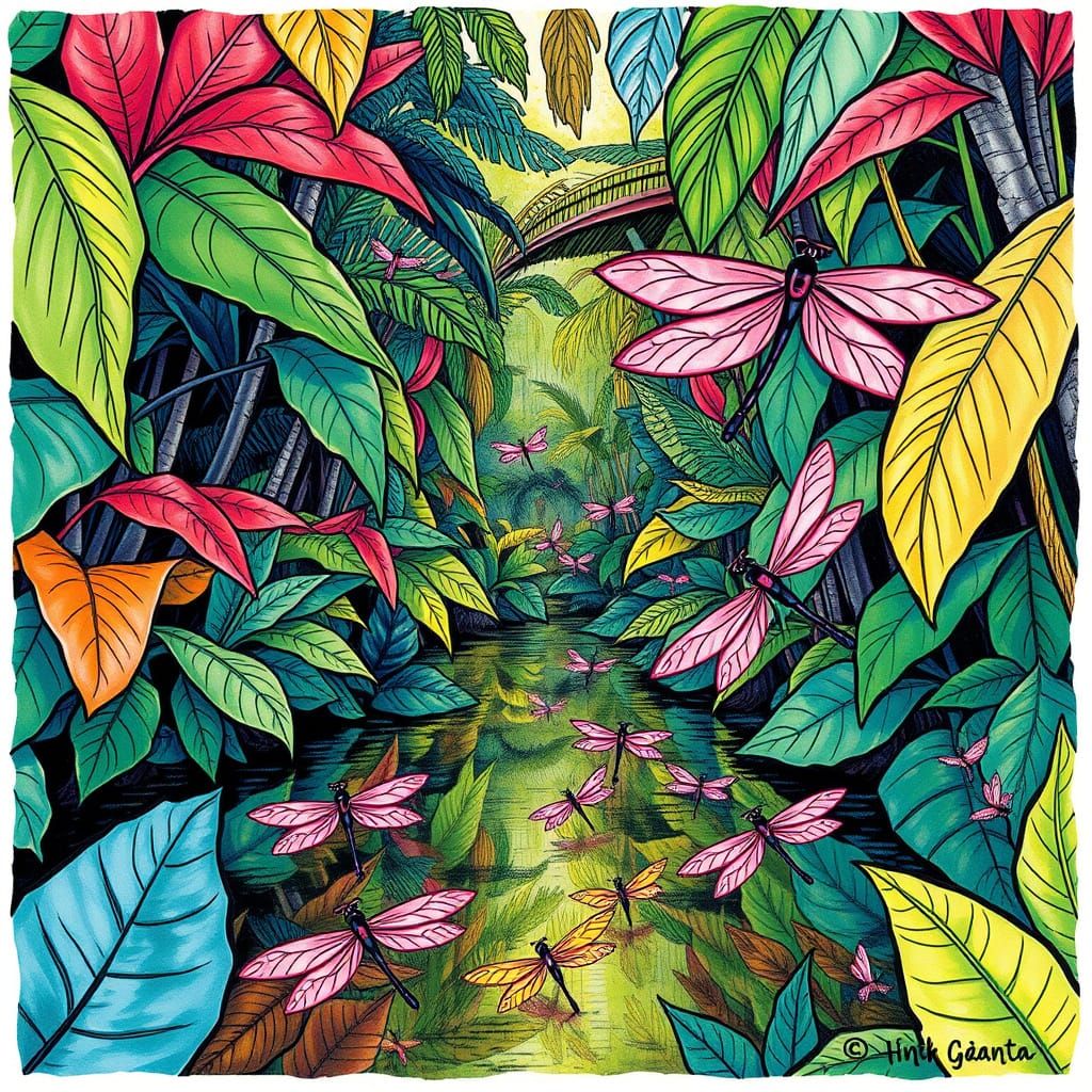 Rainbow Jungle Scene in Art Nouveau Style