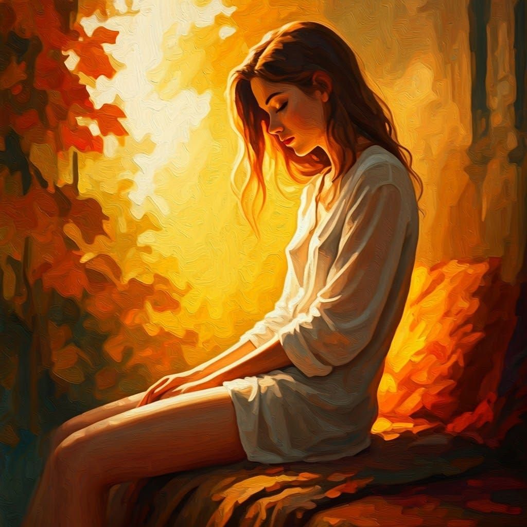 Luminous Woman in Autumnal Light: Oil Painting
